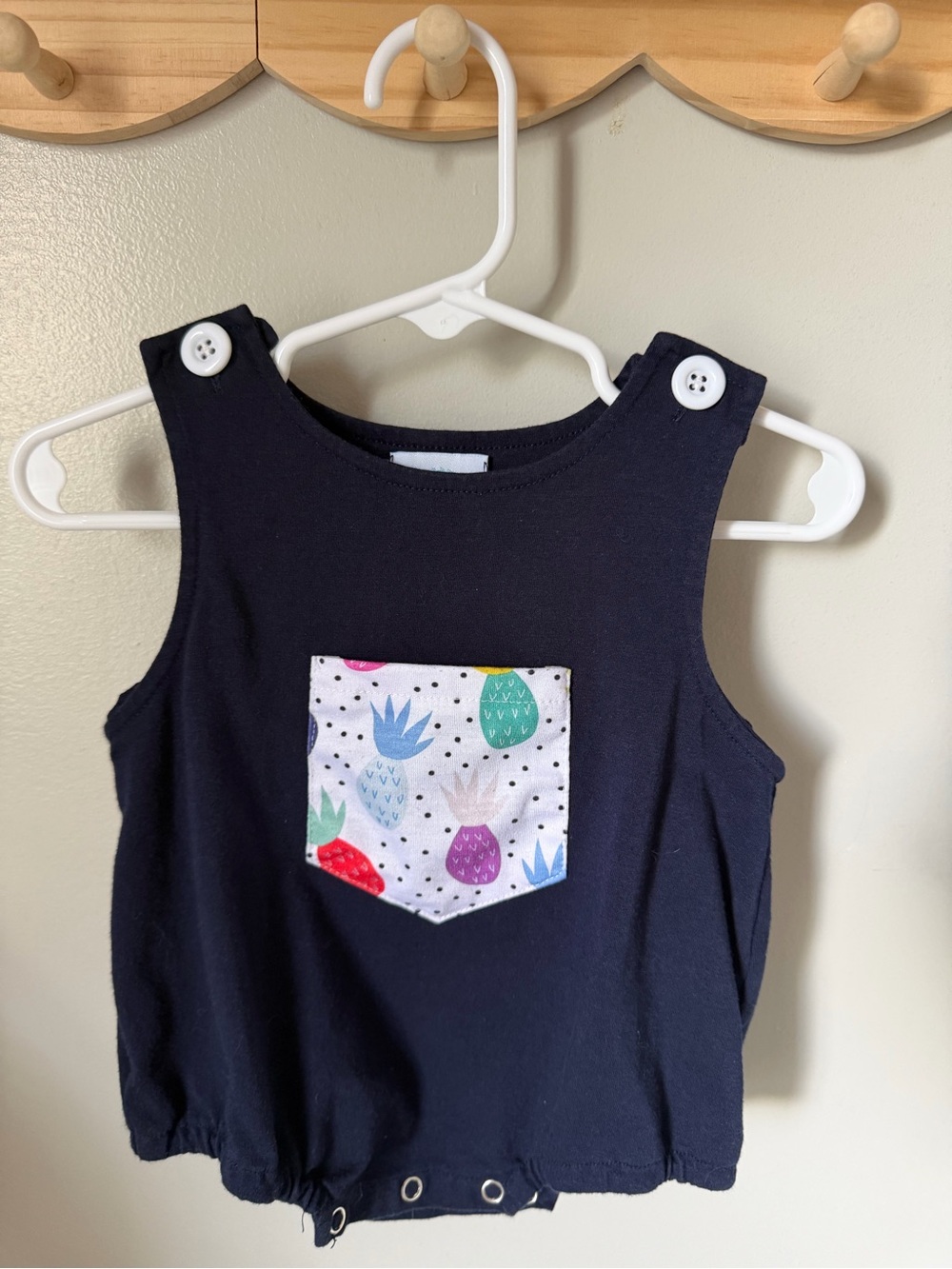 Down By The Creek Unisex 0-3M Navy Pineapple Knit Romper Sleeveless Pocket Snap